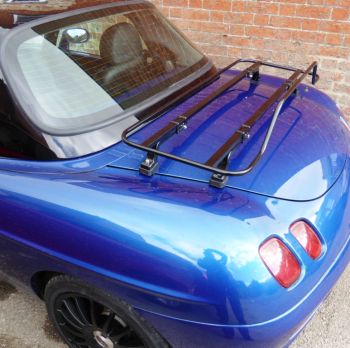 Blue Fiat barchetta with a black boot rack fitted 