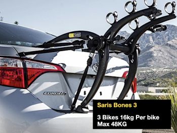 silver toyota corolla saloon with a saris bones 3 bike rack fitted 
