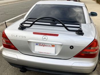 Silver mercedes benz slk 230 R170 with a revo-rack black trunk luggage rack fitted photographed close at the rear